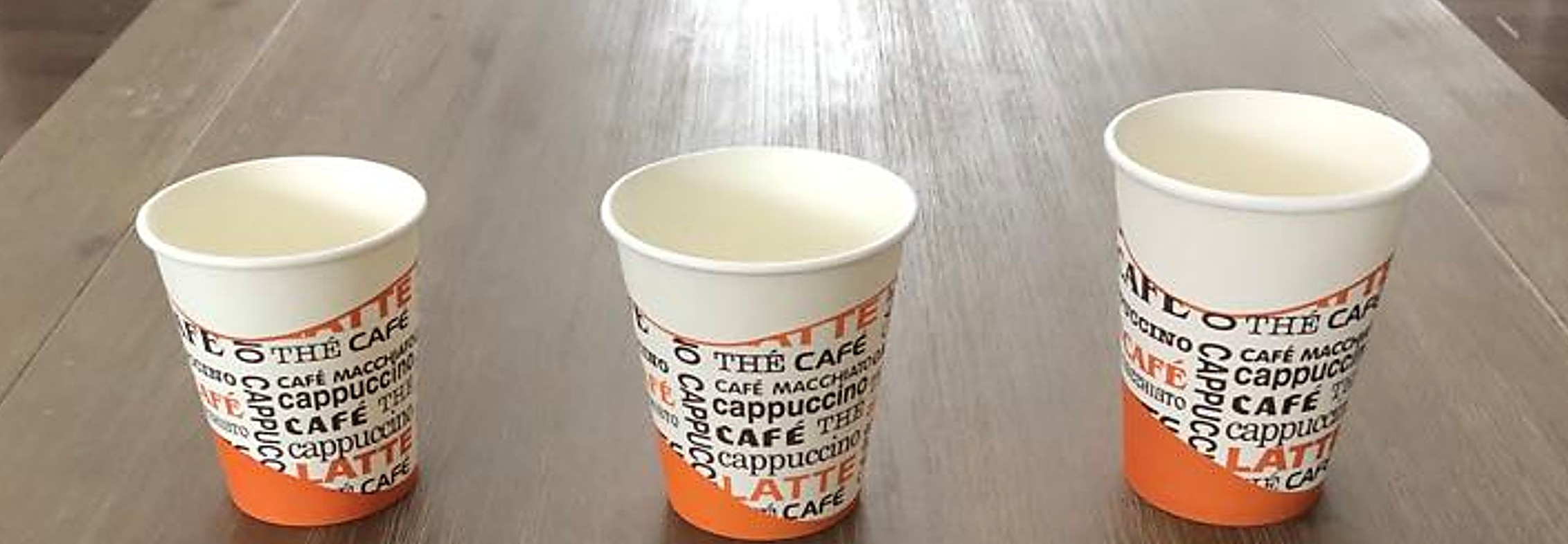 Our own printed cups — 8, 10 and 12 oz
